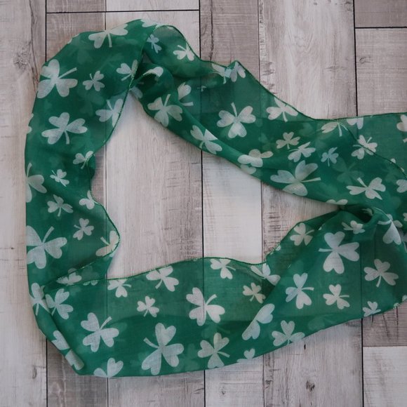 St. Patrick's Day Long Green & White Shamrock Scarf - Picture 1 of 3